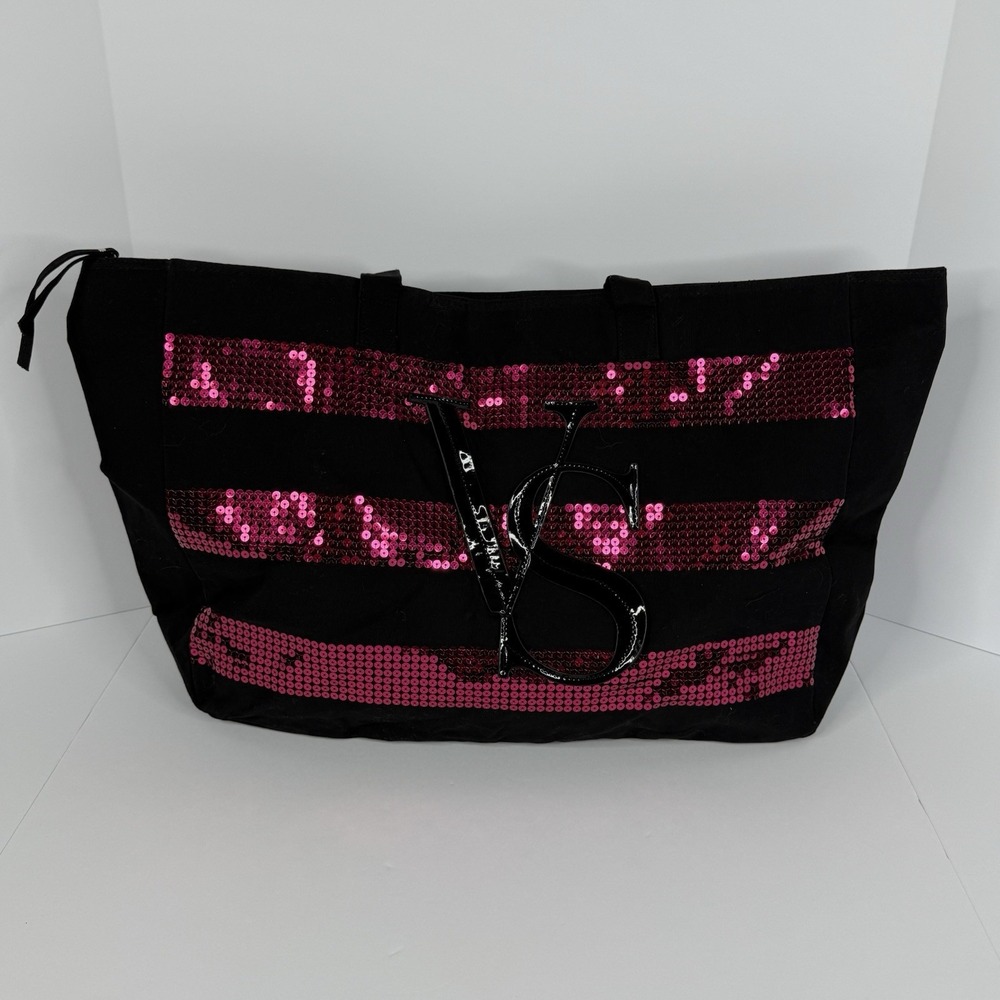 Victoria's Secret VS Logo Black Pink Striped Sequin Tote Travel Bag NWT